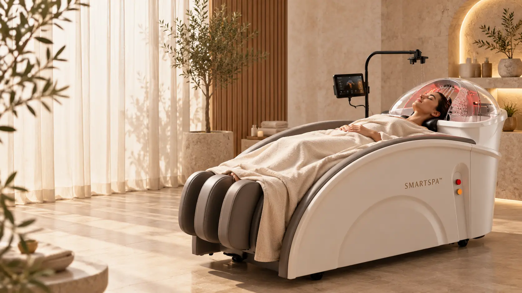 לקוחה נהנית מטיפול ראש ועיסוי במערכת SMARTSPA